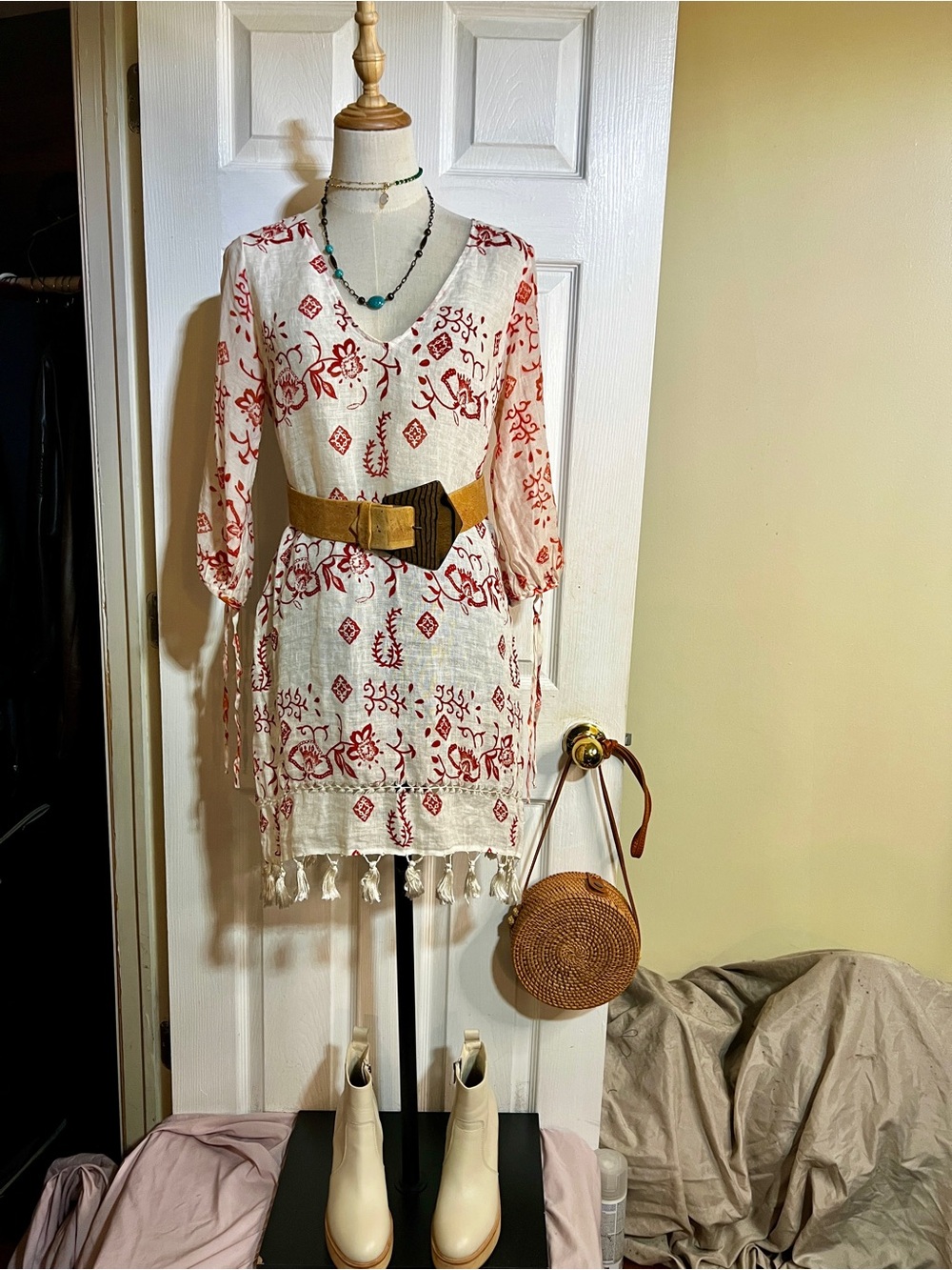 Corey Lynn Calter Brick Red Ivory Floral Linen V Neck Slit Sleeve Resort Dress 4